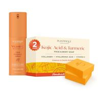 PLANTIFIQUE Jabón de Curcuma y Acido Kojico, 2 Barras con Vitamina C & Serum Facial Coreano para Gua Sha Masaje con Vitamina C - Suero Antiedad, Antiarrugas y Antimanchas, Vitamin C, 30 ml