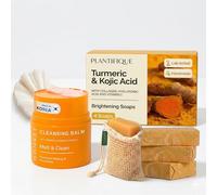PLANTIFIQUE Kojic Acid Soap - Jabón de Curcuma y Acido Kojico, 4 Barras & Bálsamo Desmaquillante Facial - Elimina Maquillaje Waterproof y Protector Solar, 40g