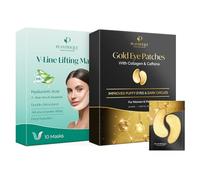 PLANTIFIQUE Mascarilla Colageno Facial V-Line Lifting Mask - 10 Mascarilla Facial Hidratante & Parches Ojos Bolsas y Ojeras - Mascarillas Dorados Antiarrugas y Antiojeras - 20 Pares