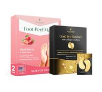 PLANTIFIQUE Mascarilla Exfoliante Pies con Fresa - Cuidado Pies, Elimina Durezas y Callos - 2 Pares & Parches Ojos Bolsas y Ojeras - Mascarillas Dorados Antiarrugas y Antiojeras - 20 Pares