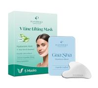 PLANTIFIQUE Mascarilla Facial Colageno V-Line Lifting Mask - 5 Mascarilla Facial Hidratante & Gua Sha de Acero Inoxidable - Masajeador Facial para Drenaje Linfático, Guasha Antiarrugas