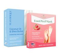 PLANTIFIQUE Mascarilla Manos - 4 Pares Guantes Hidratantes para Manos Agrietadas y Secas & Mascarilla Exfoliante Pies con Fresa - 2 Pares de Calcetines de Peeling