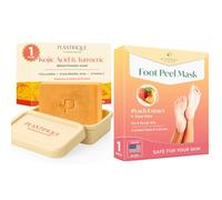 PLANTIFIQUE Mascarilla Pies Peeling con Melocotón - 1 Pares Calcetines Exfoliantes para Cuidado de Pies & Jabón de Cúrcuma y Ácido Kójico - Jabon Cara para Manchas - 1 Barra