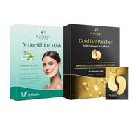 PLANTIFIQUE Parches Ojos Bolsas y Ojeras - Mascarillas Dorados Antiarrugas y Antiojeras - 20 Pares & Mascarilla Facial Colageno V-Line Lifting Mask - 5 Mascarilla Facial Hidratante