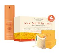 PLANTIFIQUE Serum Facial Coreano para Gua Sha Masaje con Vitamina C - Suero Antiedad, Antiarrugas y Antimanchas, 30 ml & Kojic Acid Soap - Jabón de Curcuma y Acido Kojico - 4 Barras
