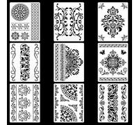 Plantillas Borde Flores Modelo Stencil - Mandala Dibujos Reutilizable para Dibujar Pintura Pared Piso de Madera Muebles Azulejo Piedra Roca Manualidades Pintura, 21x28cm, 9 Piezas