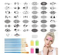 Plantillas de maquillaje para niños, 44 unidades, plantillas de tatuaje para niños, reutilizables, con 5 esponjas de dedos y 10 pinceles de pintura para niños, adultos, Halloween, carnaval, fiestas