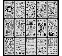 Plantillas Lettering,15 PCS Plantillas Reutilizables de Lettering y Stencil Alfabeto Completo con Letras Números y Símbolos para Pintar Motivos Decorativos para Paredes Textiles Scrapbooking