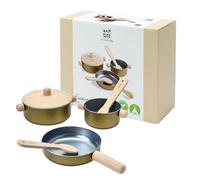 PlanToys Set de Utensilios de Cocina - Accesorios de Cocina Infantil de Madera - Sartén, Olla con Tapa, Cacerola, Espátula y Cuchara - A Partir 2 Años