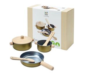 PlanToys Set de Utensilios de Cocina - Accesorios de Cocina Infantil de Madera - Sartén, Olla con Tapa, Cacerola, Espátula y Cuchara - A Partir 2 Años