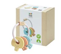 PlanToys Sonajeros de Llave para Bebés - Sonajero y Anillo de Mordida de Madera - Juguete para Bebés 4 Meses - Juguetes de Madera - Pastel
