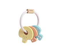 PlanToys Sonajeros de Llave para Bebés - Sonajero y Anillo de Mordida de Madera - Juguete para Bebés 4 Meses - Juguetes de Madera - Pastel