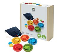 PlanToys Tazas para Clasificar y Contar - Juguete de Madera Montessori - 5 Tazas de Colores y 25 Fichas de Madera - Juguete de Motricidad
