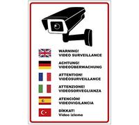 'Plaque "Attention Surveillance vidéo en plusieurs langues en aluminium/Dibond 200 x 300 mm - 3 mm d'épaisseur