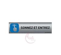 Plaque de porte aluminium brossé imprimé -Dimensions 200 x 50 mm - Double face adhésif au dos - Impression UV directement sur l'aluminium (Pas de contre collage) (Sonnez et entrez)
