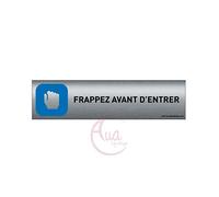 Plaque de porte aluminium brossé imprimé -Dimensions 200 x 50 mm - Double face adhésif au dos - Impression UV directement sur l'aluminium (Pas de contre collage) (Frappez avant entrer)