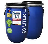 plasteo® 2 barriles con tapa de 60 litros con cierre de tensión, barril de comida, barril universal, barril de almacenamiento, barril de camping, barril de transporte, barril de lluvia, apilable,