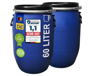 plasteo® 2 barriles con tapa de 60 litros con cierre de tensión, barril de comida, barril universal, barril de almacenamiento, barril de camping, barril de transporte, barril de lluvia, apilable,