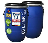 plasteo® 2 unidades: barril de boca ancha de 60 L con cierre de tensión, 100% apto para alimentos, barril universal, contenedor de comida, para lluvia, puré, comida para mascotas, agua potable,