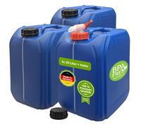 plasteo® 3 bidones de agua para bebidas de 20 litros con 1 grifo y 3 tapas de rosca (DIN 61), apto para alimentos, sin BPA, portátil, para interior y exterior, color azul