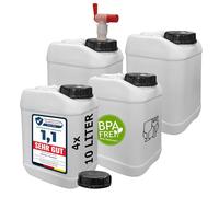 plasteo® 4 bidones de agua de boca ancha de 10 litros, color blanco, apto para alimentos, fabricado en la UE, aprobado por las Naciones Unidas, para interior y exterior, sin BPA (4 bidones + 1 grifo