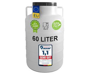Plasteo® 60 litros barril de boca ancha natural, redondo con tapa y asas, apto para alimentos y sin BPA, barril de alimentación de plástico, barril universal, barril con tapa, barril de agua, barril