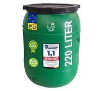 plasteo Barril de boca ancha, 220 L, apto para alimentos, resistente HDPE universal, con tapón de rosca, para alimentos, almacenamiento y transporte, color verde, redondo