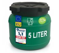 plasteo Barril de boca ancha con tapa, de HDPE, apto para alimentos - barril universal con tapón de rosca, para pienso, almacenamiento y transporte, verde (5 L, redondo)