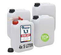 plasteo® Juego de 4 bidones vacíos de 5 litros con cierres de seguridad y 1 grifo AFT (DIN 45), apto para alimentos, apilables y estables, para interior y exterior, sin BPA, aprobación de mercancías