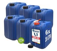 plasteo® Juego de 6 bidones de agua de 20 L, color azul, incluye tapa y 1 grifo, sin BPA, apto para alimentos, camping, para interior y exterior, fabricado en Alemania