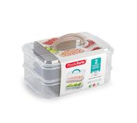 PLASTIC FORTE Tupper Doble con Asa 2 Compartimentos, Set de Recipientes Herméticos Apilables 1,5L + 1,5L, Fiambrera Transparente para Comida, Alimentos, Nevera, Cocina, Oficina y Picnic