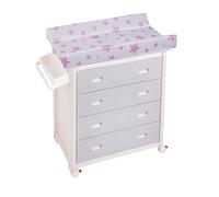 PLASTIMYR Mueble Bañera Cambiador 3 En 1 Blanco y Gris - Bañera Para Bebe Cómoda con 4 Cajones - Cambiador de Bebe con Ruedas, Cubeta Amplia y Canasta Portaobjetos - Estrellas Rosa