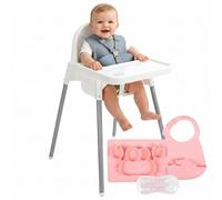 PLASTIMYR Tronas Bebe Light con Set de Alimentación en Silicona Rosa - Silla de Comer para Bebe de 6 Meses a 3 Años con Babero, Plato Cangrejo y Cubiertos, Bandeja Extraíble y Arnés de Seguridad