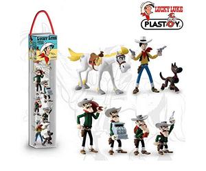 Plastoy Lucky Luke Estuche tubo con 7 figuras de Luky Luke, Jolly Lumper, Rantanplan y los Dalton - Resina - 3 a 5 cm