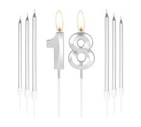 Plata 18 velas de cumpleaños-3D Número 18 vela para pastel con 6 piezas largas velas Set,Plata pastel Topper para niño niña 18 cumpleaños decoraciones suministros,18 boda aniversario décor