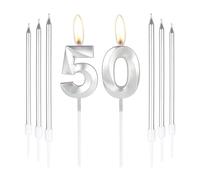 Plata 50 velas de cumpleaños-3D Número 50 vela para pastel con 6 piezas largas velas Set,Plata pastel Topper para mujeres hombres 50 cumpleaños decoraciones suministros,50 boda aniversario décor