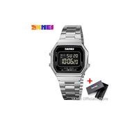 (Plata con caja) SKMEI 1647 Relojes digitales retro para hombre, moda de negocios, correa de acero,