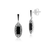 Plata de Ley Art Déco Estilo Ovalado Onix, Marcasita Y Esmalte Negro Pendientes