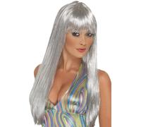 Plata Purpurina Peluca 60s 70s Disco Largo Glamour Accesorio de Disfraz