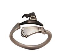 (Plata - US 10) Bonito anillo ajustable con forma de sombrero de bruja y escoba para Halloween para