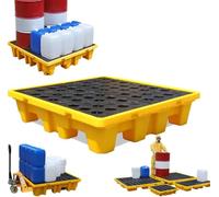 Plataforma de descarga modular apilable con bandeja de retención y rejilla para una gestión eficiente de residuos en parques industriales, almacenes y fábricas