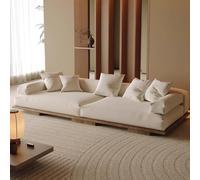 Plataforma de madera maciza de estilo japonés wabi-sabi, sofá de tela de líneas rectas, muebles sencillos y modernos de estilo tofu for la recepción de un hotel de alojamiento familiar.(3.2m)