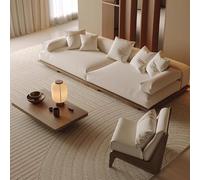 Plataforma de madera maciza de estilo japonés wabi-sabi, sofá de tela de líneas rectas, muebles sencillos y modernos de estilo tofu for la recepción de un hotel de alojamiento familiar.(3m set a)