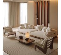 Plataforma de madera maciza de estilo japonés wabi-sabi, sofá de tela de líneas rectas, muebles sencillos y modernos de estilo tofu for la recepción de un hotel de alojamiento familiar.(3m set b)