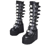 Plataforma Gótica Botas hasta la Rodilla para Mujer Hebillas con Tachuelas Tacón Alto Grueso Botas de Combate a Media Pierna Cremallera Punta Redonda Zapatos Punk (Color : Negro, Size : 40 EU)