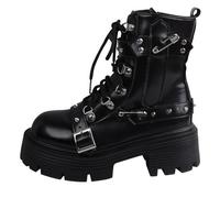 Plataforma gruesa gótica de las mujeres cuñas Botas de tobillo con cadena Corazón remache Punk Botas de motocicleta de la mitad de la ternera Cuñas de cremallera del dedo del pie redondo Tacones