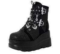 Plataforma gruesa gótica de las mujeres cuñas Botas de tobillo con cadena Corazón remache Punk Botas de motocicleta de la mitad de la ternera Cuñas de cremallera del dedo del pie redondo Tacones