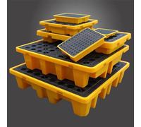 Plataforma Modular de contención de derrames con Rejilla y palé antifugas para la Seguridad de bidones de Aceite y la protección del Medio Ambiente.