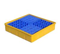 Plataforma modular de contención de derrames resistente a fugas, bandeja de polietileno amarillo y negro para almacenamiento de tambor de aceite, ideal para almacenes y fábricas con diseño de rejilla