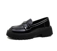 Plataforma Mujer Mocasines Punta Redonda Cuero Negro Zapatos Cómodo Tacón Medio Zapatos Muffin Primavera Verano Moda Calzado Sencillo